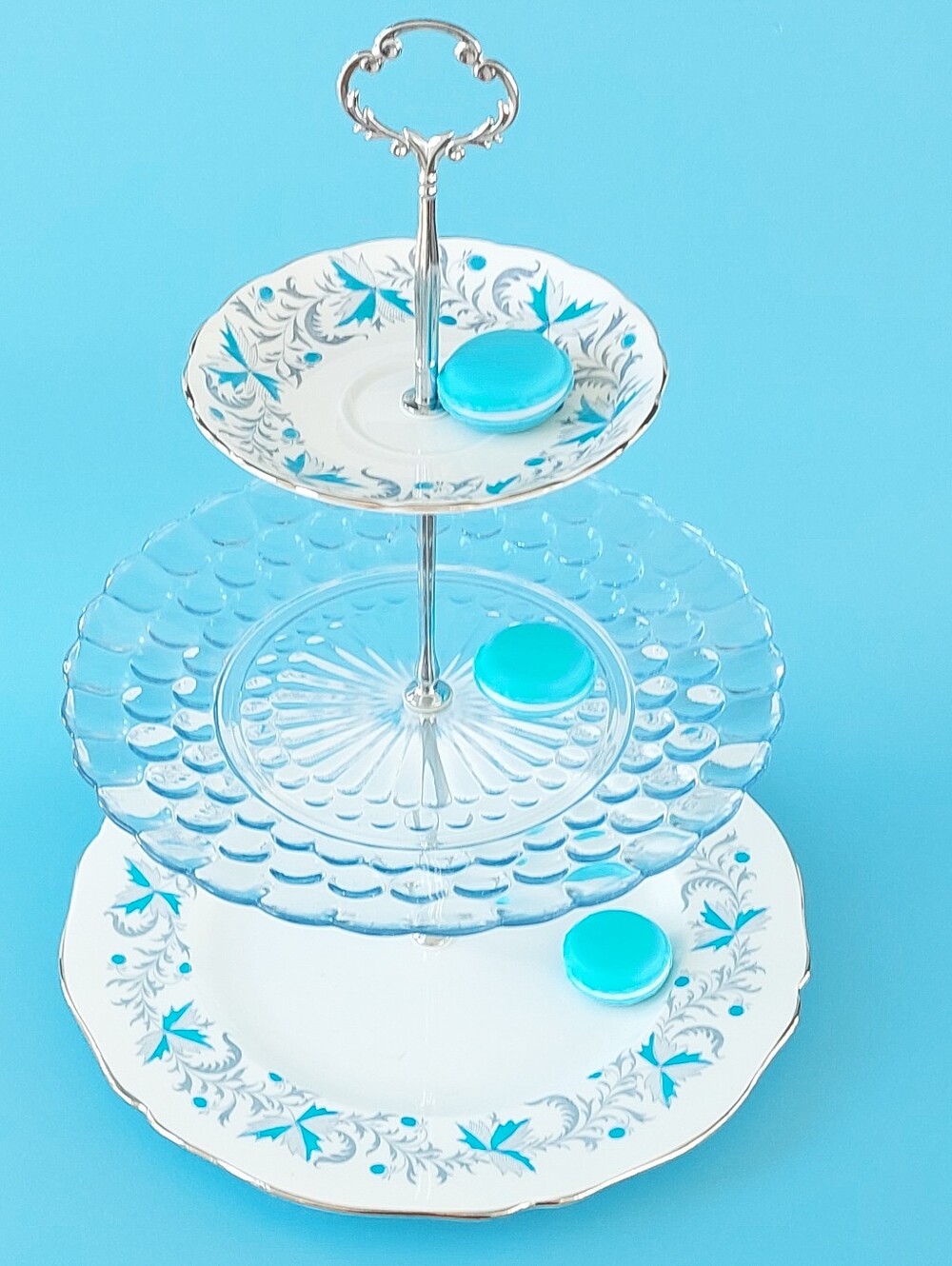 Vintage 3 Tier Cake Stand Blue White China Glass Serving Tray Cupcake Tower New
